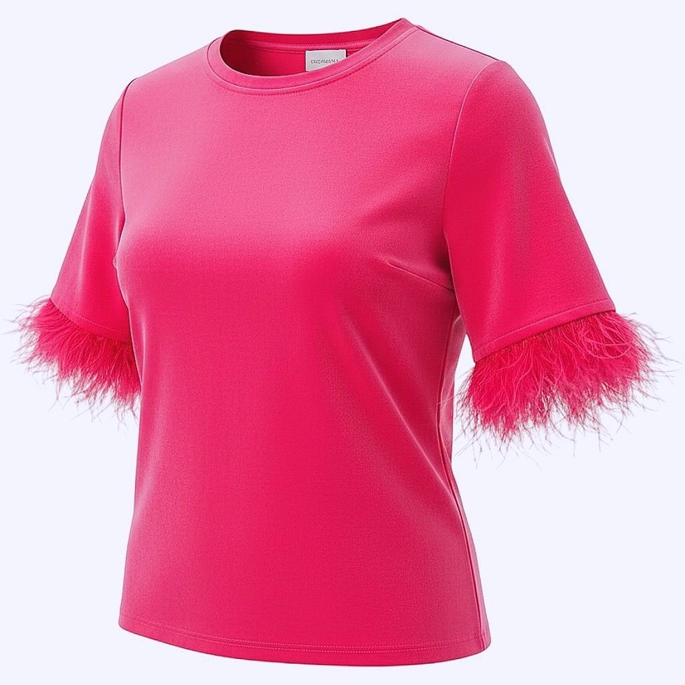 Forcynthia Hot Pink Feather Trim Short Sleeve Top XS Crewneck Side Slit